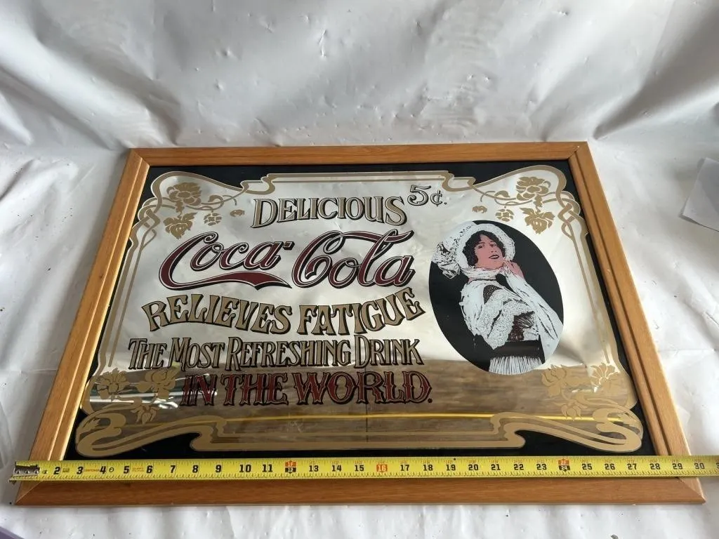 Coca-Cola Mirror Sign, Wood Frame "Delicious 5¢"