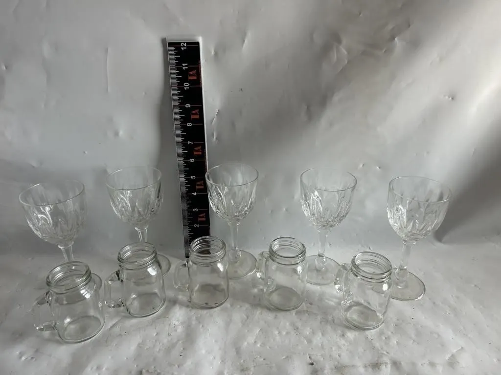 Crystal wine goblets & glass mugs, set of 10