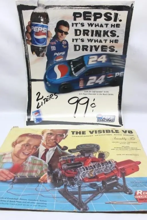 Comics, Visible V8 Engine Kit & Pepsi Sign Lot