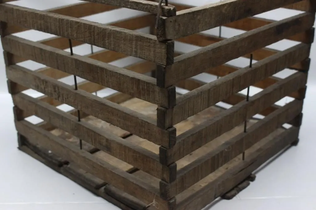 Vintage Wooden Slatted Crate with Wire Handles