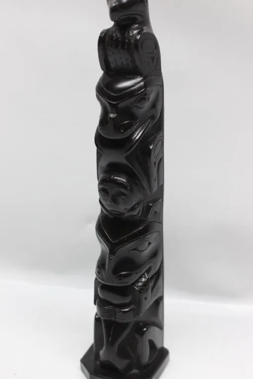 Carved Black Argillite-Style Totem Pole Figure