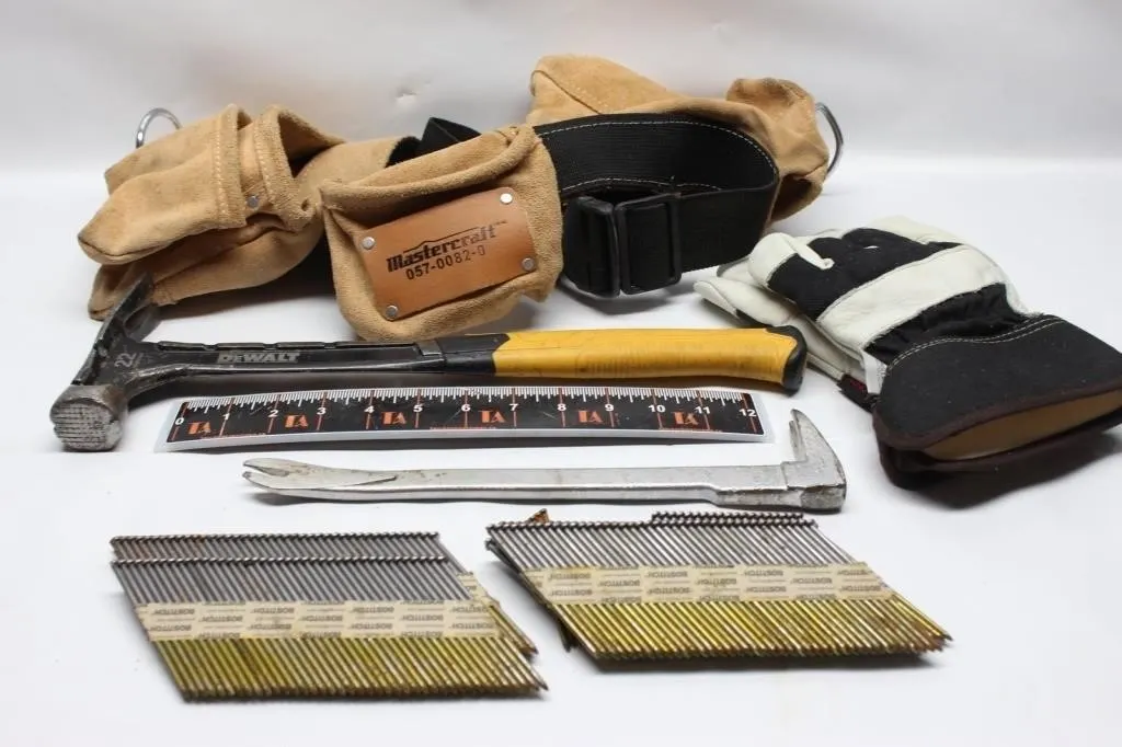 Tool Belt, Hammer, Pry Bars, Gloves & Framing