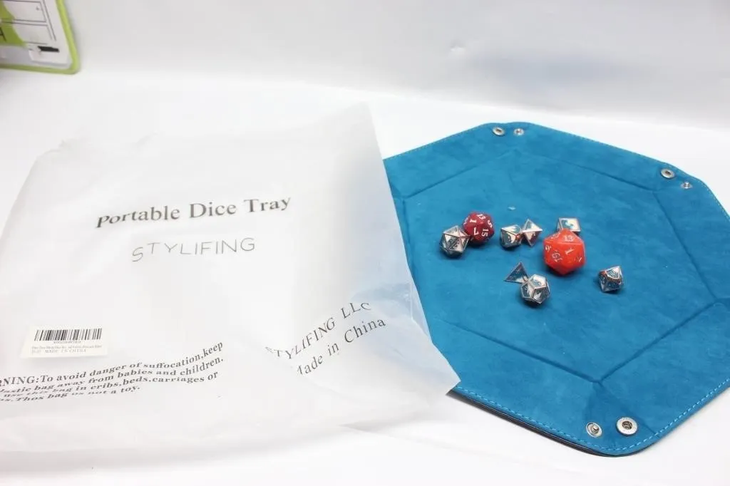 Portable Dice Tray with Metal Polyhedral Dice Set