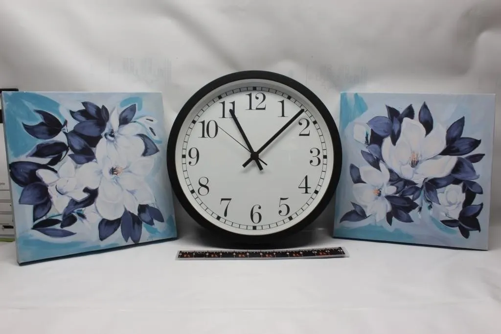 Wall clock with pair of magnolia floral canvas