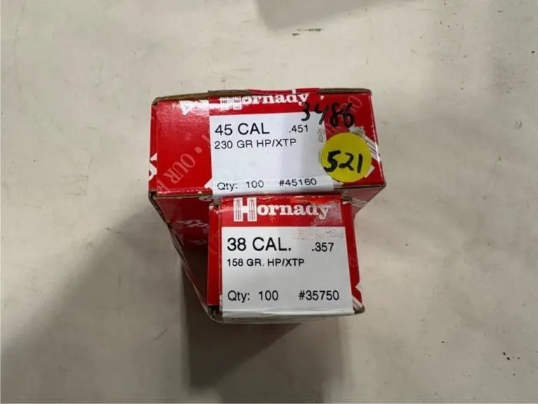 Box of 45 cal bullets; Box of 38 cal bullets--