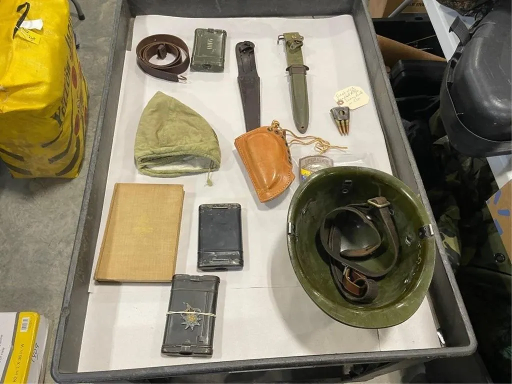 War helmet, Hat, bayonet Dummy Rounds, & other