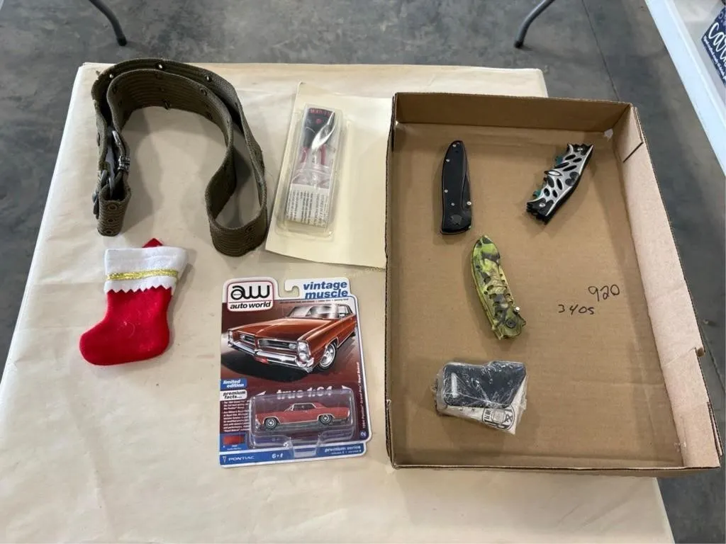 pocket knives, locks, belt, etc