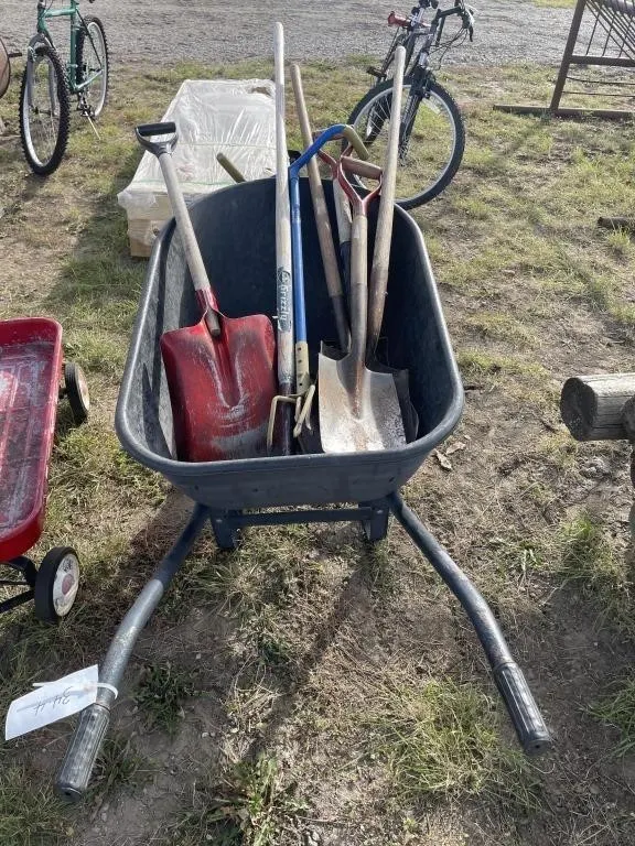 Single Wheel Black Wheel Barrow W/ Shovels, Rake,