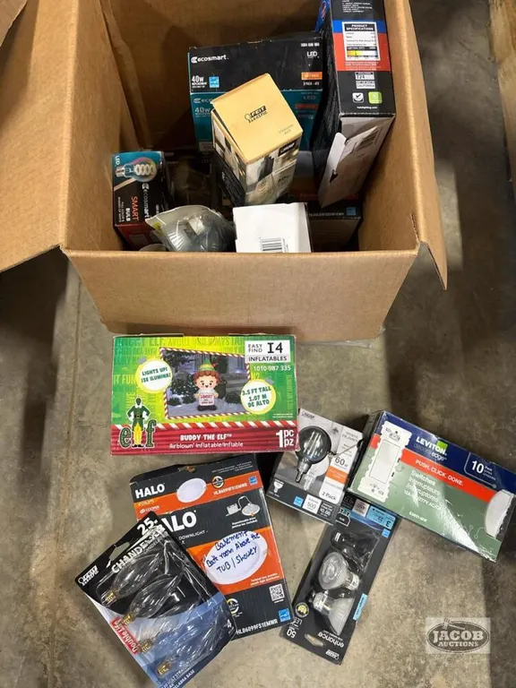 Box of Misc, Bulbs and Elf Inflatable