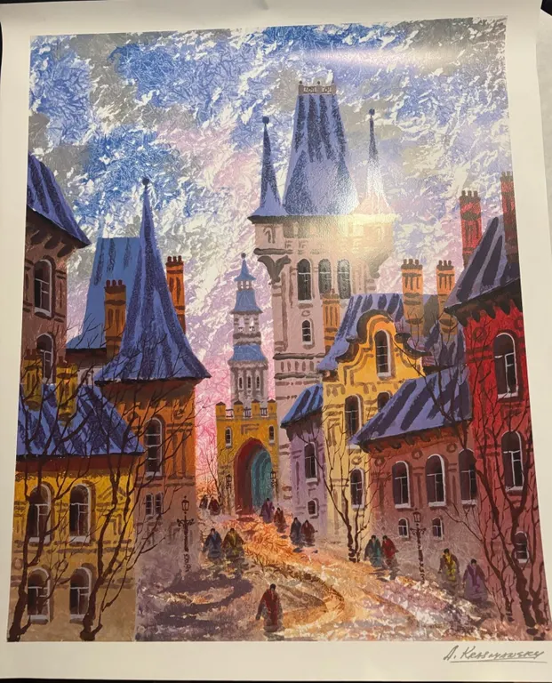 Signed European Winter Streetscape Art Print