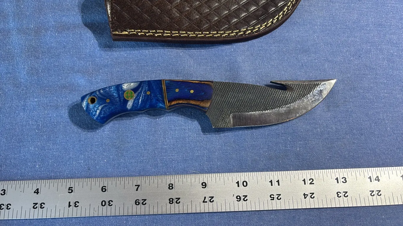 Damascus steel knife with gut hook