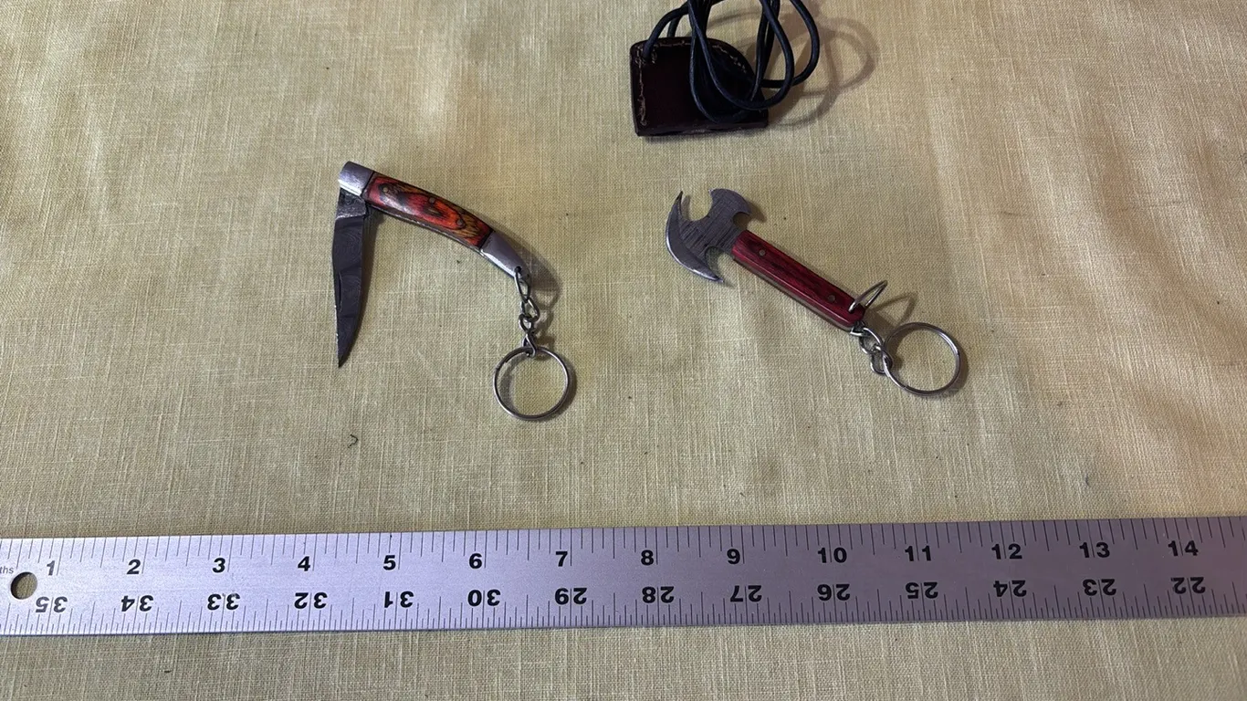 Damascus steel pocket knife and key chain