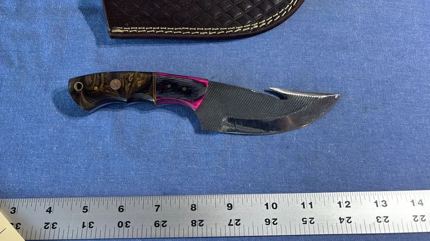 Damascus steel knife with gut hook