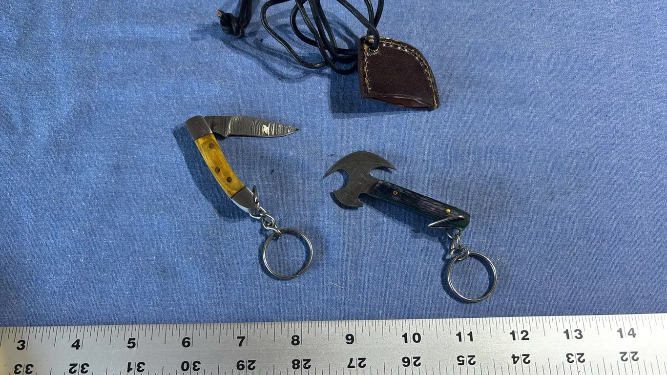 Damascus steel pocket knife and key chain
