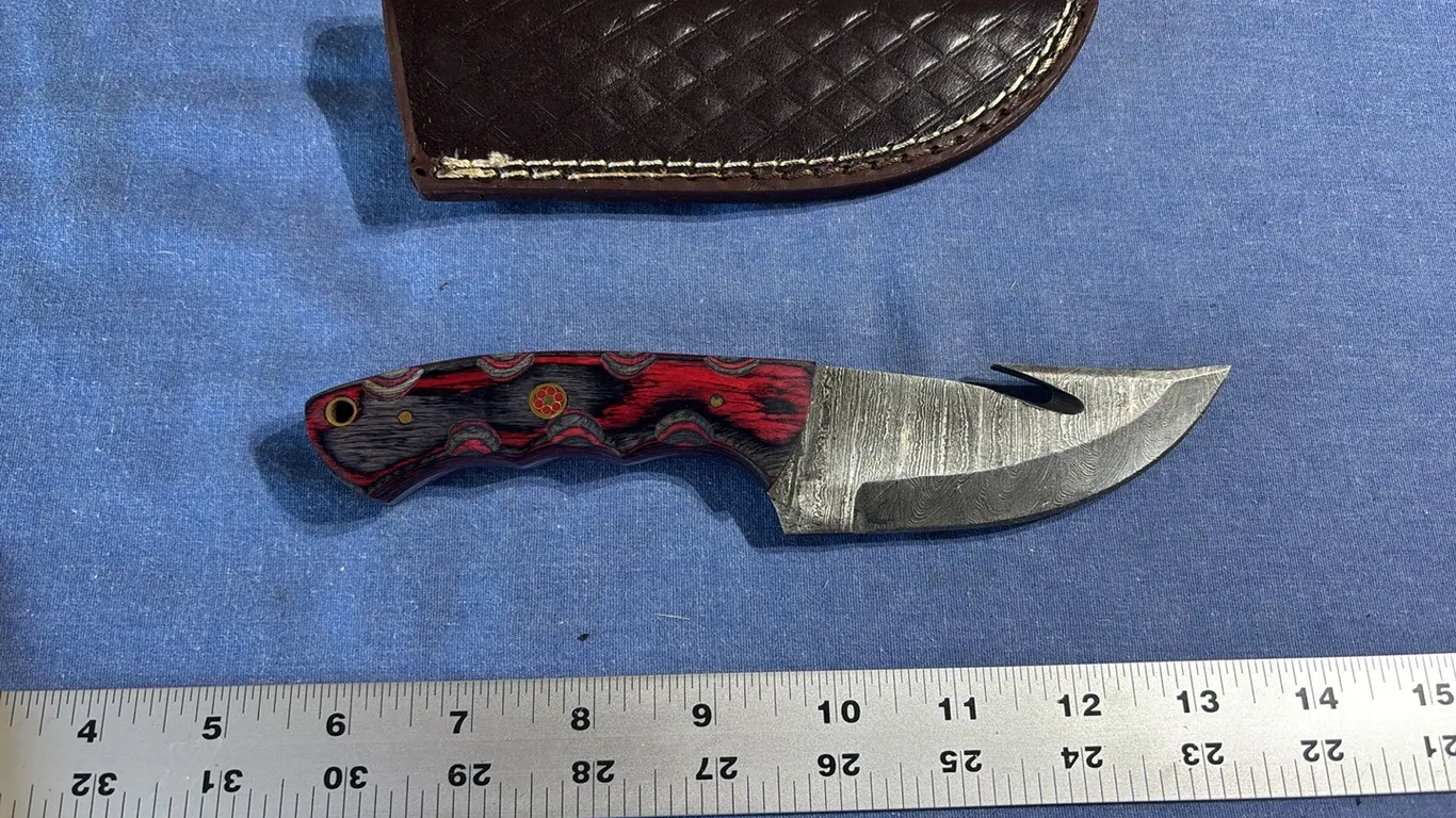 Damascus steel knife with gut hook