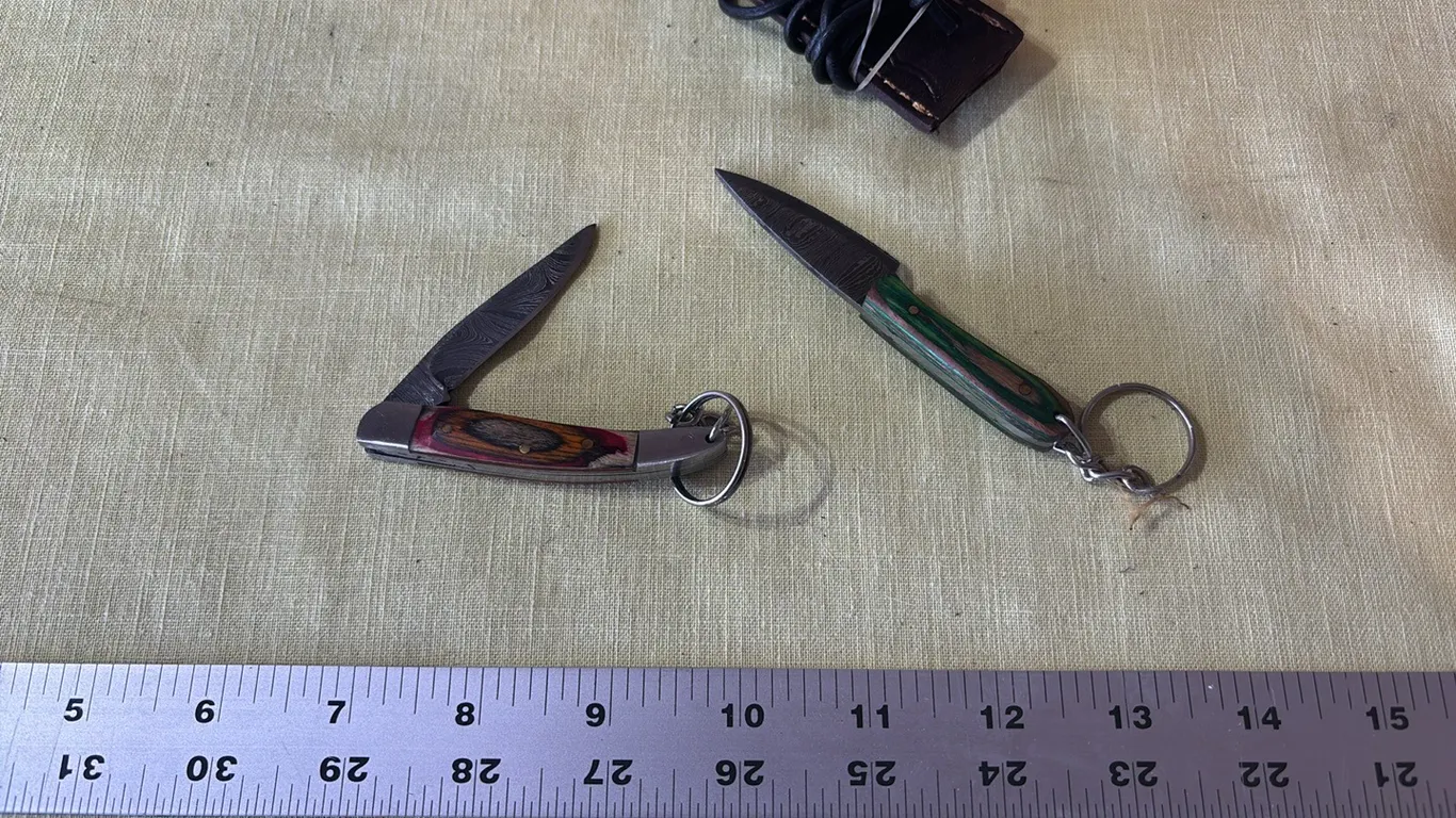 Damascus steel pocket knife and key chain