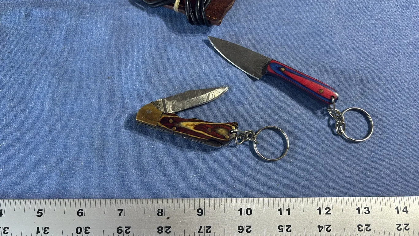 Damascus steel pocket knife and key chain
