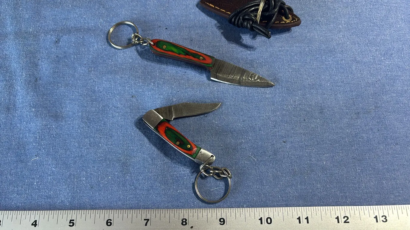 Damascus steel pocket knife and key chain