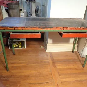Industrial Wooden Workbenched Table | Green Tubular Metal Frame & Drawers