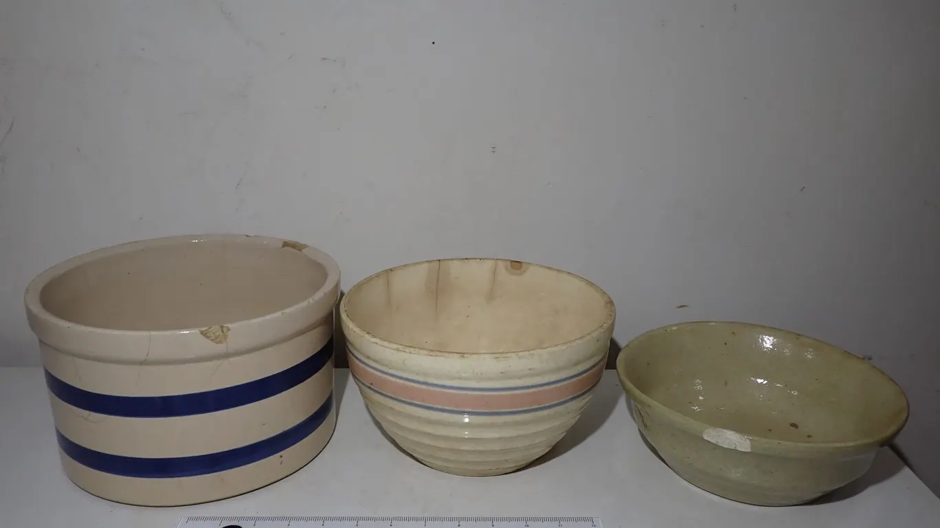 Antique Blue Band Stoneware Crock & Ribbed Mixing Bowls | Three Piece Trio
