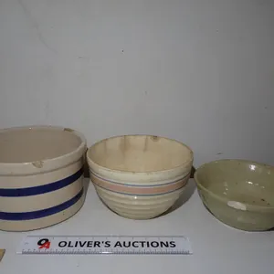 Antique Blue Band Stoneware Crock & Ribbed Mixing Bowls | Three Piece Trio