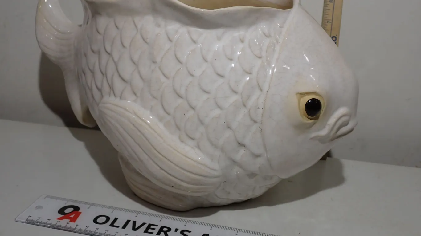 Vintage White Majolica Koi Fish Planter | Large Glazed Ceramic Cachepot