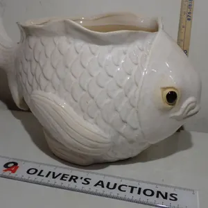 Vintage White Majolica Koi Fish Planter | Large Glazed Ceramic Cachepot