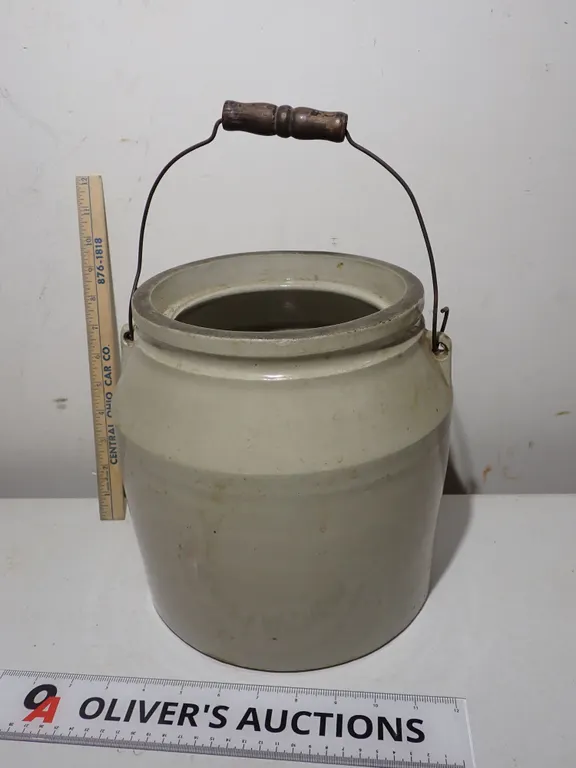 Antique Stoneware Bail Handle Crock | Primitive Kitchen Storage Pot