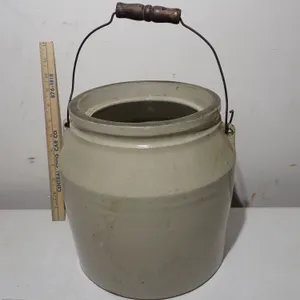 Antique Stoneware Bail Handle Crock | Primitive Kitchen Storage Pot