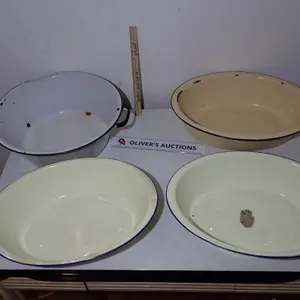 Antique Enamelware Basin & Wash Pans Assortment | Four Piece Utility Group Lot