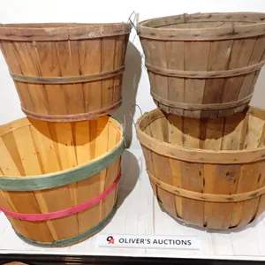 Vintage Wood Slat Apple Bushel Baskets – 4 Pieces – Painted Rims