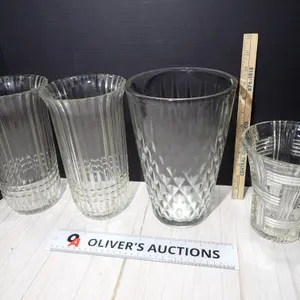 Vintage Clear Press Cut Glass Floral Vases | Four Piece Assortment