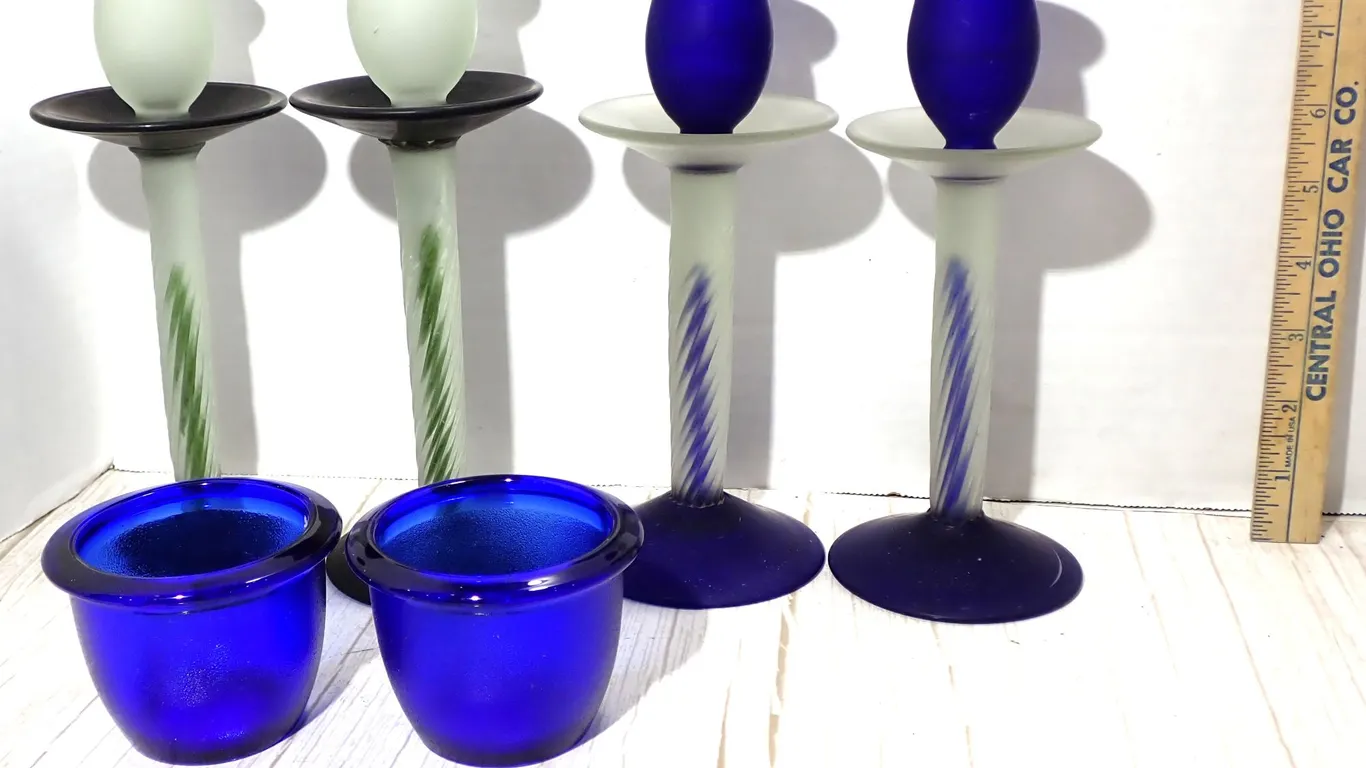 Vintage Houze Art Frosted Glass Candlesticks & Cobalt Votive Liners Set