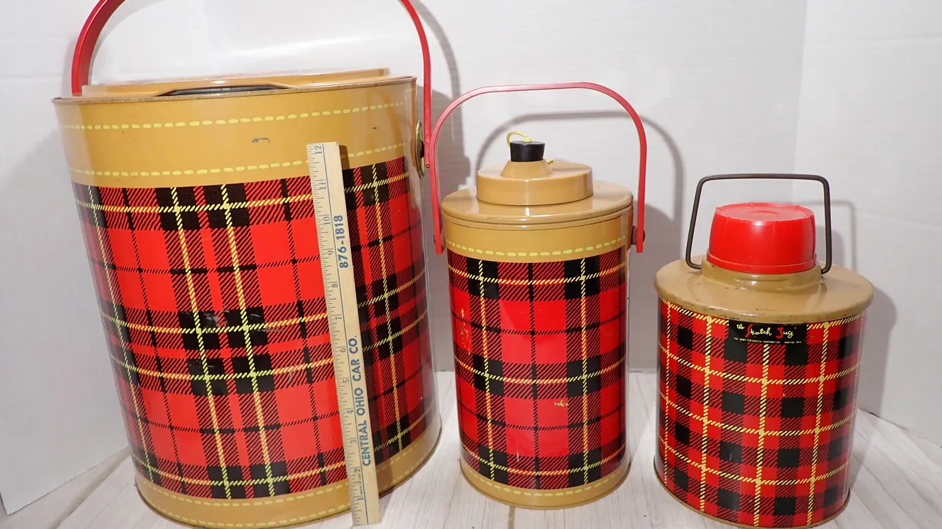 Vintage Hamilton Skotch Kooler Ice Bucket & Skotch Jugs Tartan Picnic Lot