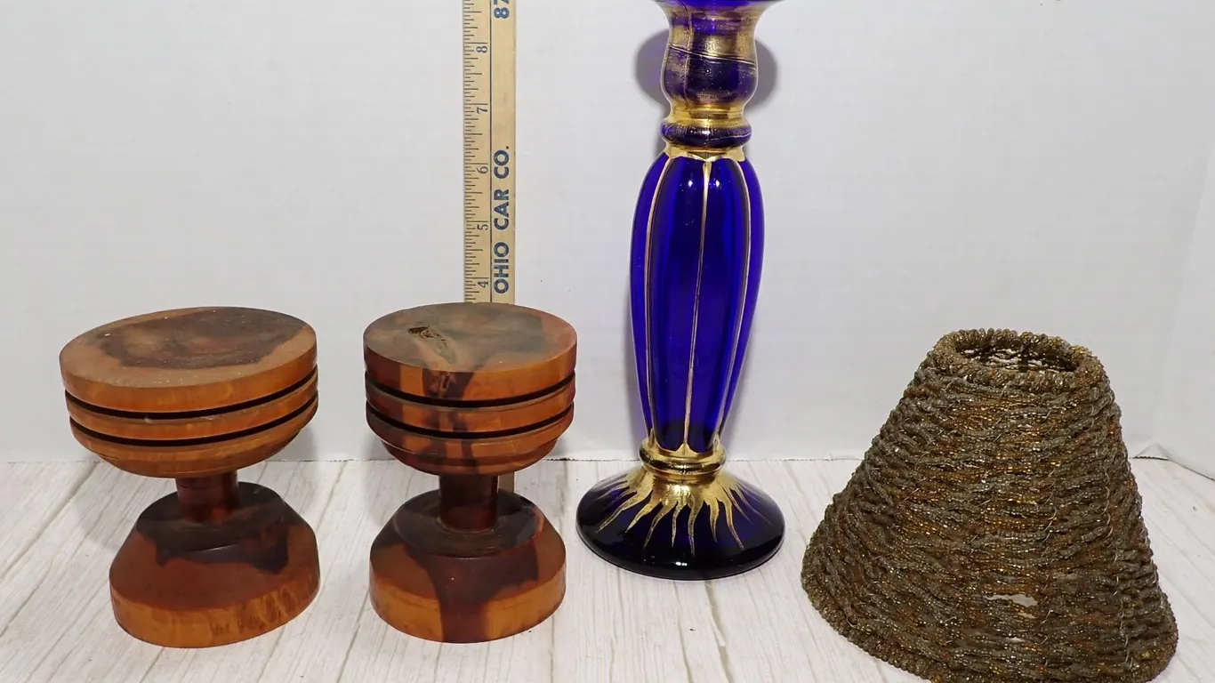 Euroglass Italy Cobalt Blue Gilt Candlestick, Burlwood Pillars & Beaded Lamp Shade Decor Lot