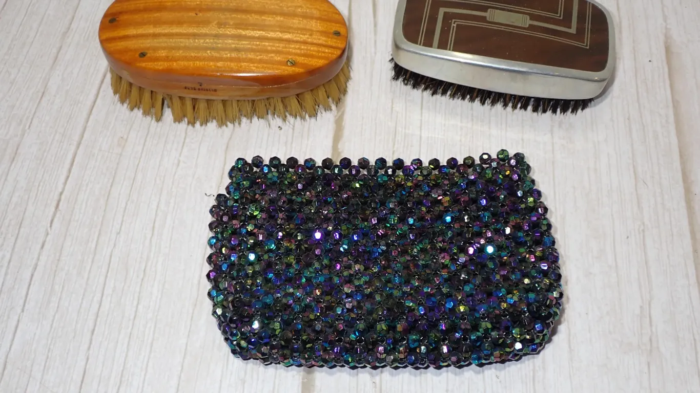 Vintage Art Deco Inlaid Clothes Brush & Iridescent Beaded Clutch Vanity Lot