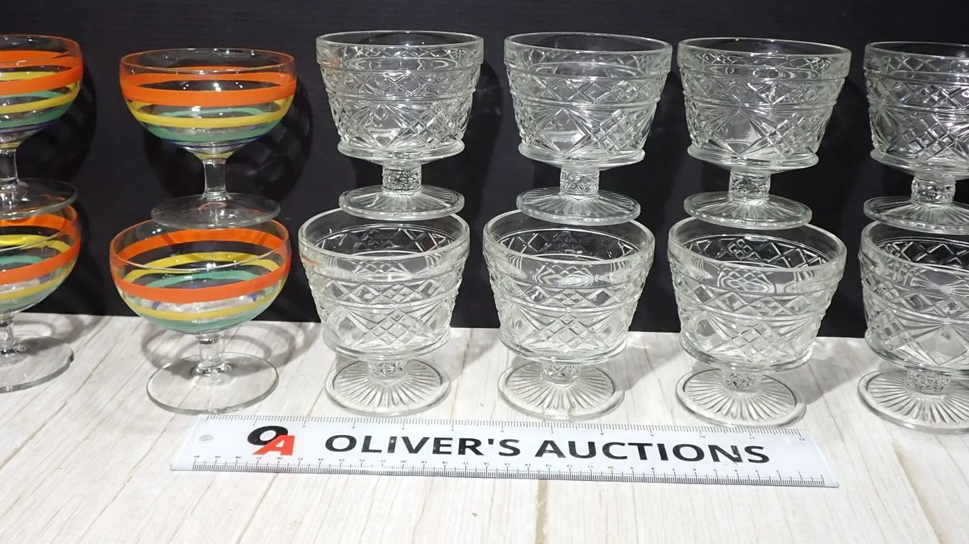 Vintage Anchor Hocking Wexford & Hand Painted Striped Dessert Glassware Lot