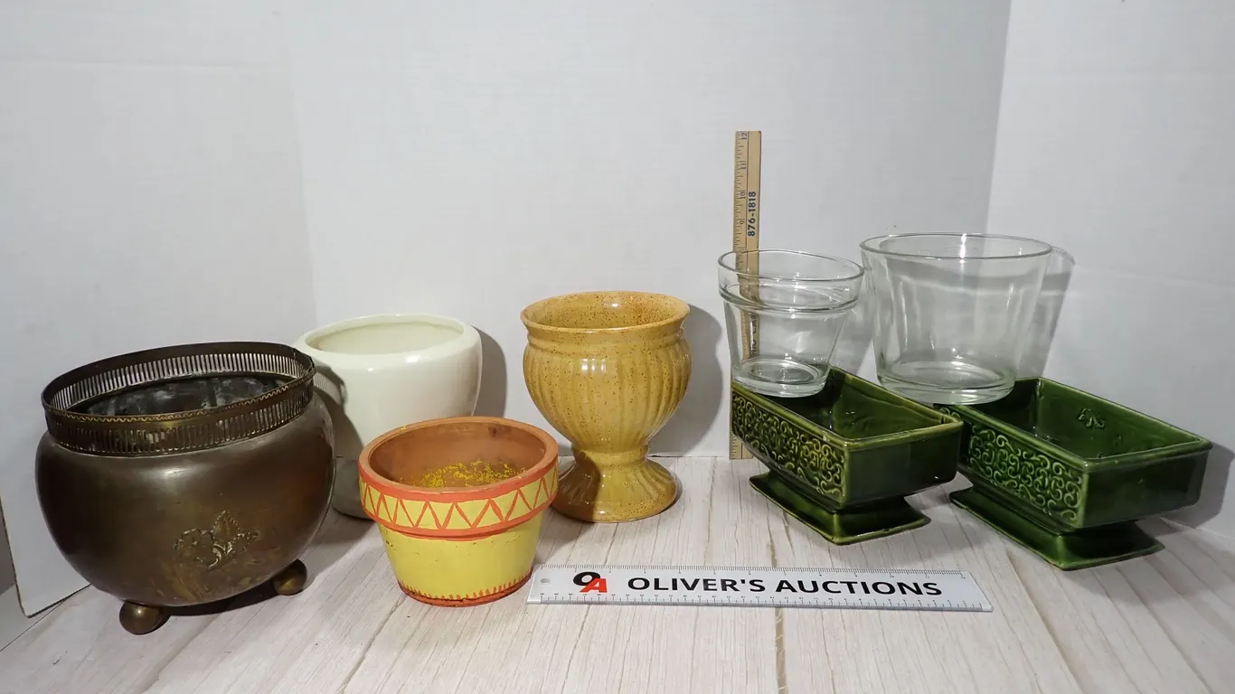 USA Green Planters Brass Jardinière & Haeger Pottery Pedestal Vase Lot