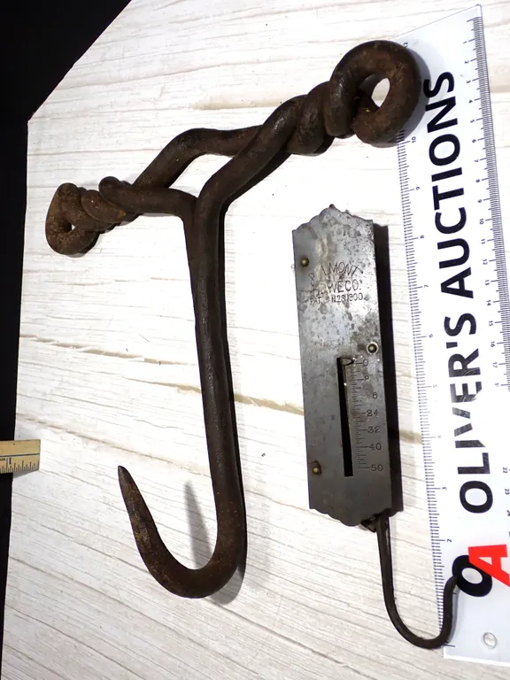 Antique Belmont Hardware Co. 50-Lb Spring Scale & Forged Meat Hook Lot