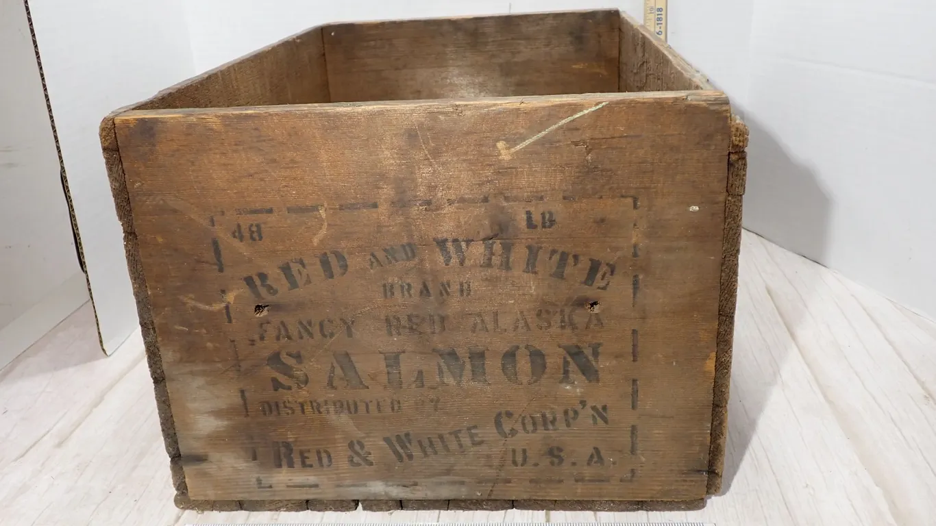 Antique Red & White Corp. Fancy Alaska Salmon Wooden Shipping Crate
