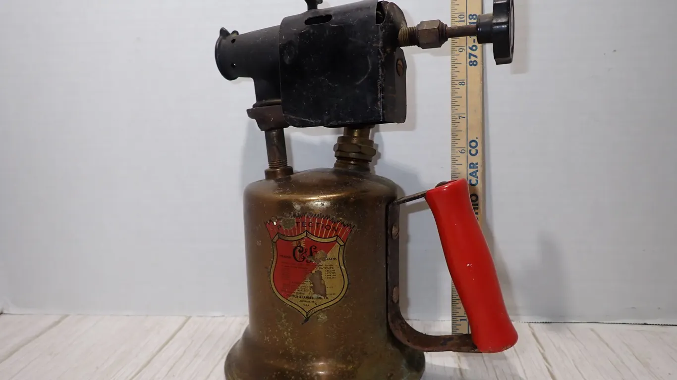 Antique Clayton & Lambert Brass Blow Torch No 32 | Red Wood Handle