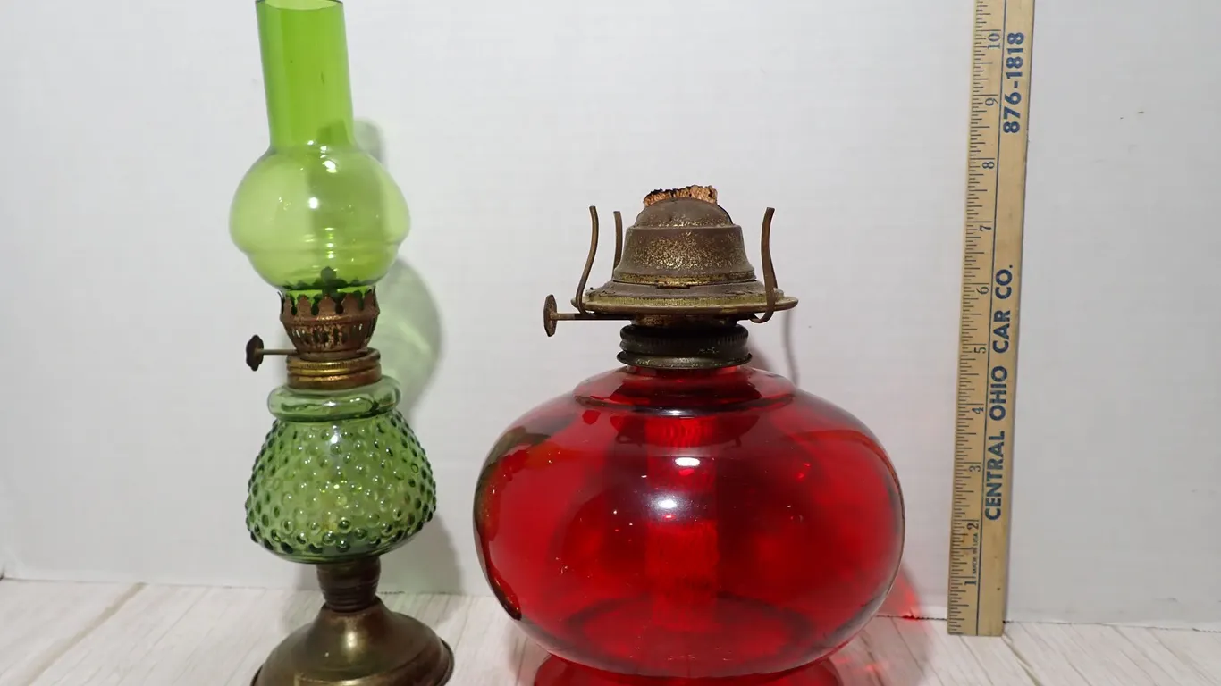 Antique P&A Co. Flash Red Glass Kerosene Lamp & Green Hobnail Hong Kong Table Lamp