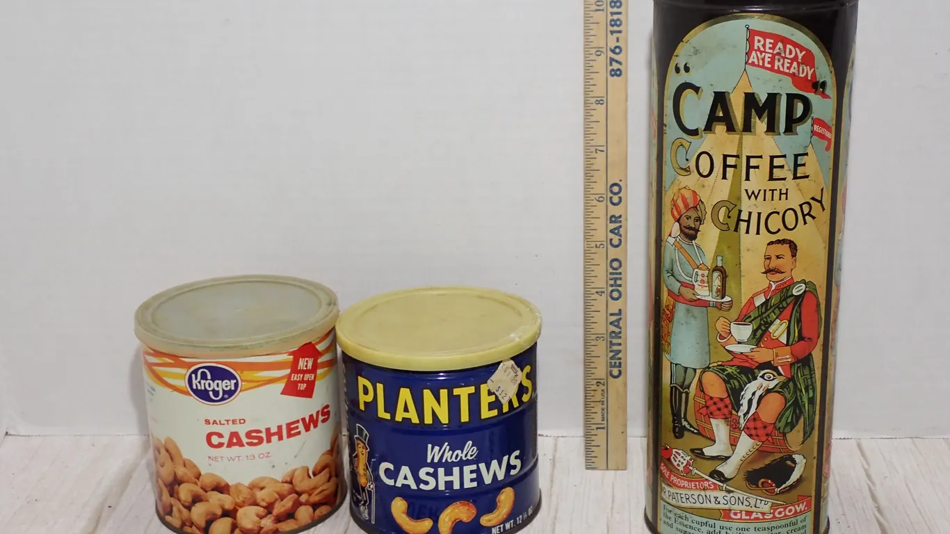 Vintage Camp Coffee Chicory Tin & Planters & Kroger Cashews Cans Lot