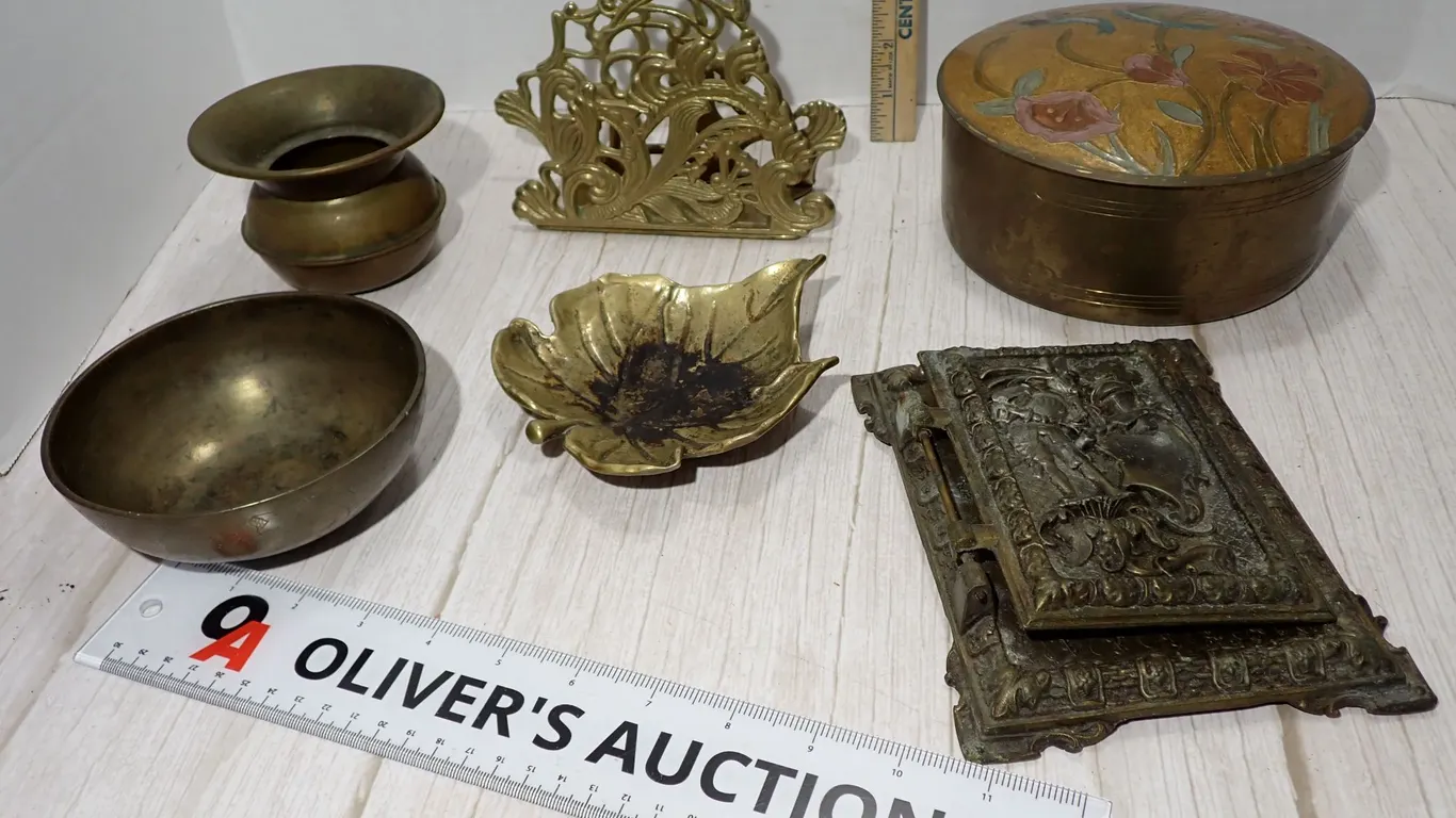 Vintage Etched & Cloisonné Brass Tableware Assortment | Six Piece Estate Lot