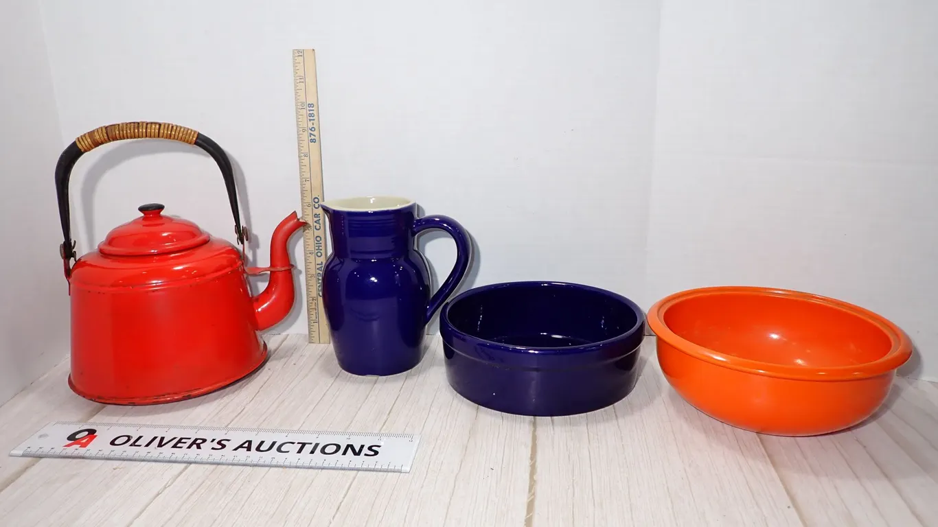 Vintage Enamel Kettle & Coche Cobalt Pitcher Cobalt & Orange Mixing Bowls