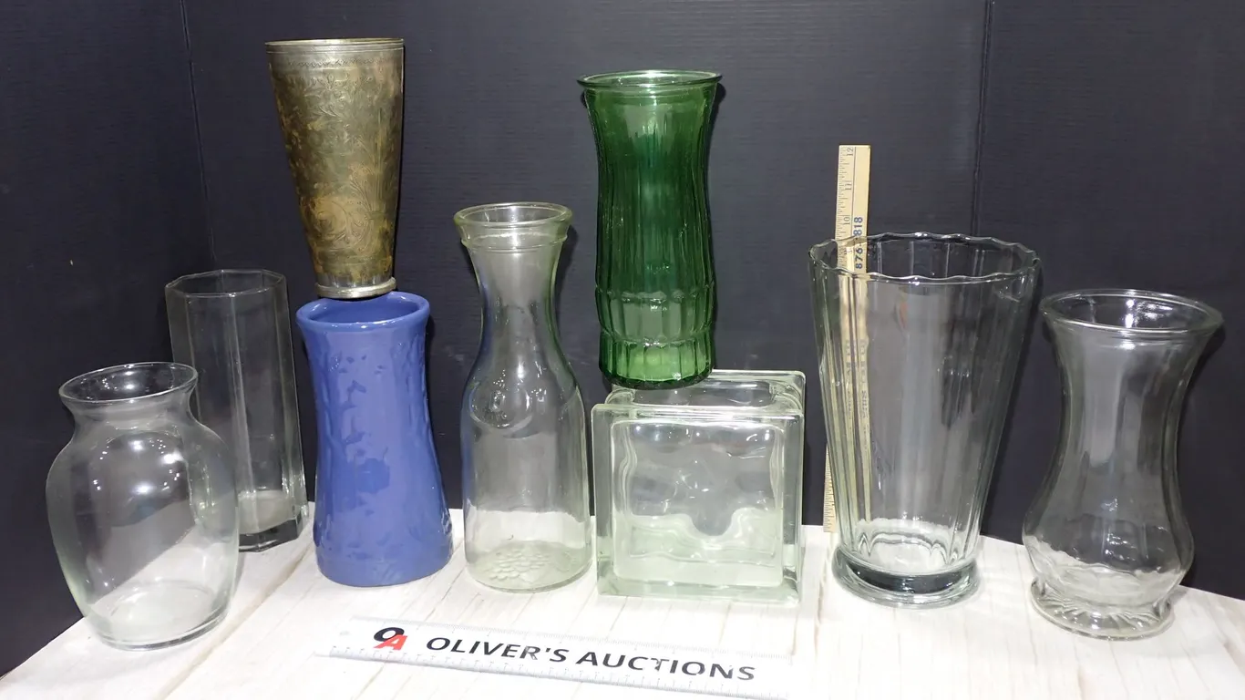 Vintage Clear & Forest Green Glass Florist Vases & Etched Brass Beaker Lot