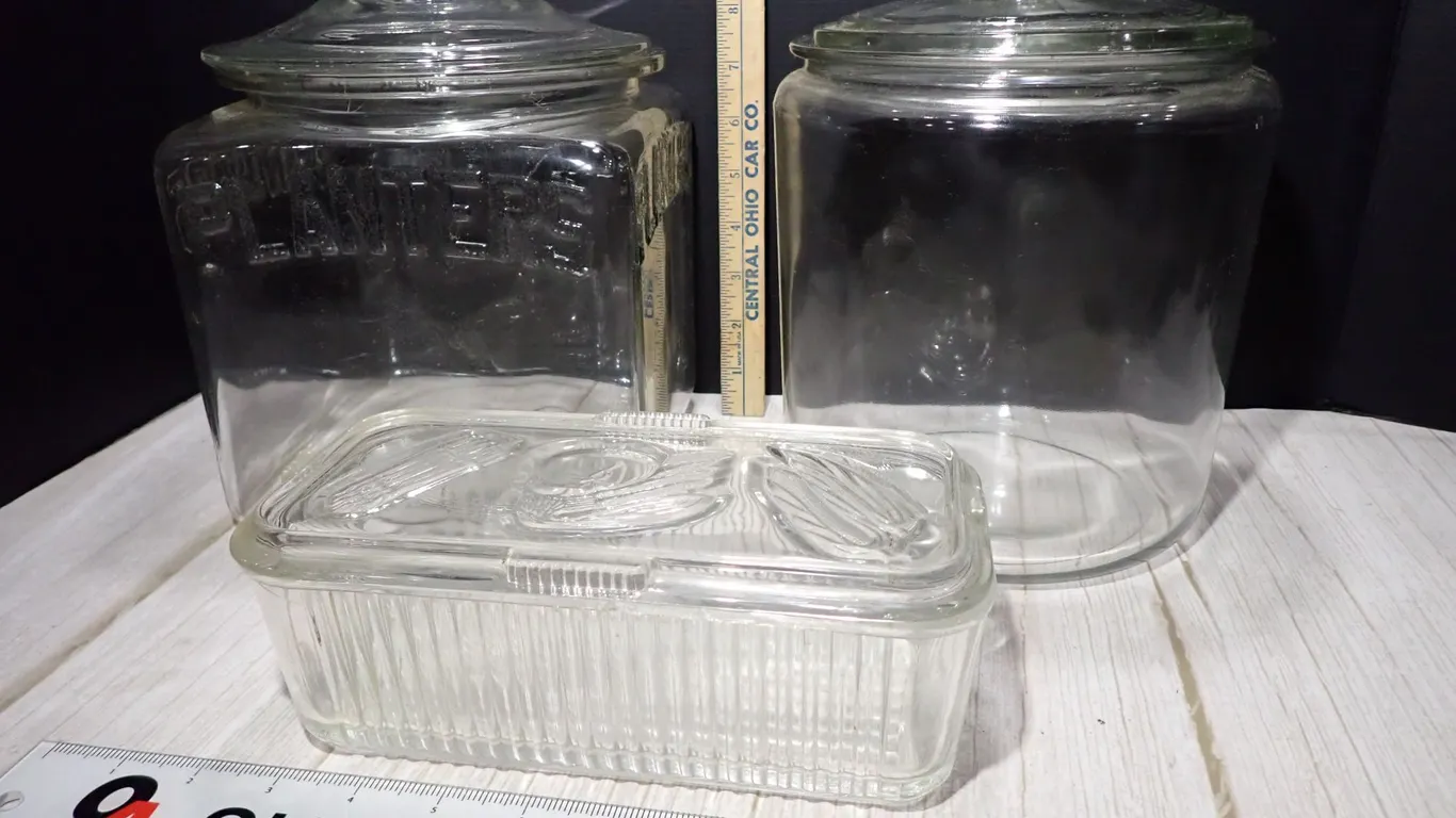 Vintage Planters Peanuts Glass Jar, General Store Canister & Butter Dish Lot