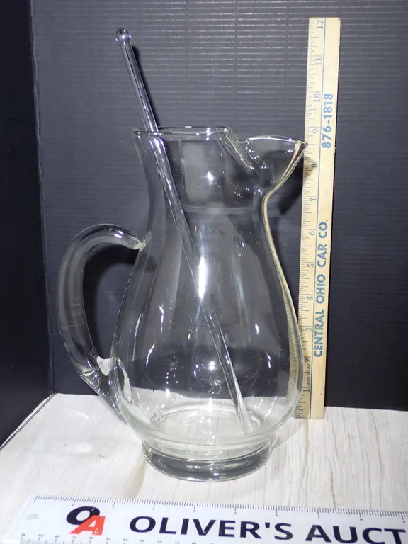 Vintage Hand Blown Clear Glass Ball Jug Pitcher & Solid Stirrer Wand Set