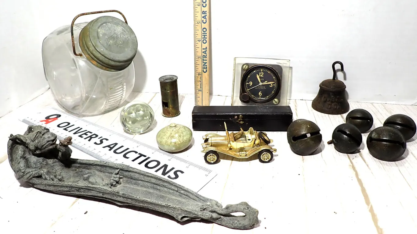 Elgin Pioneer Aircraft Clock, Owens-Illinois Glass, Bronze Bells, Brass Pocket Field Microscope, etc