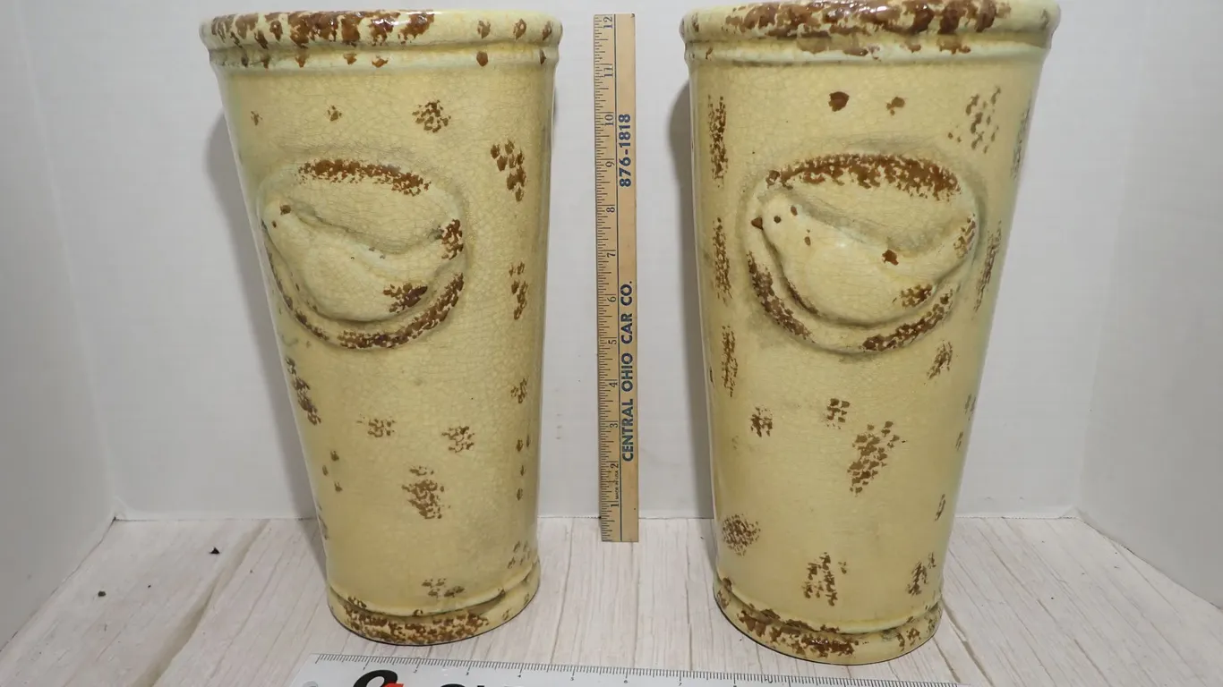 Vintage Bird Medallion Yellow Crackle Glaze Tall Pottery Vases - Pair